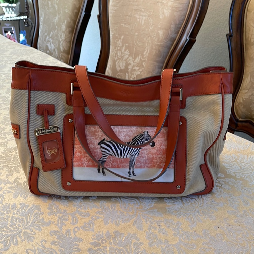 Anya Hindmarch vintage canvas bag with orange leather trim and suede interior